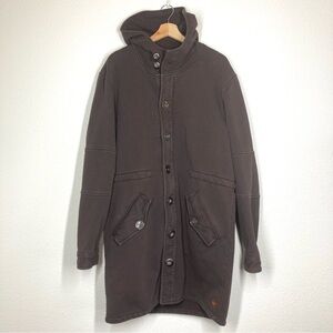 Hugo Boss Long Coat Hooded Jacket Large Brown Orange Detail Chunky Cotton